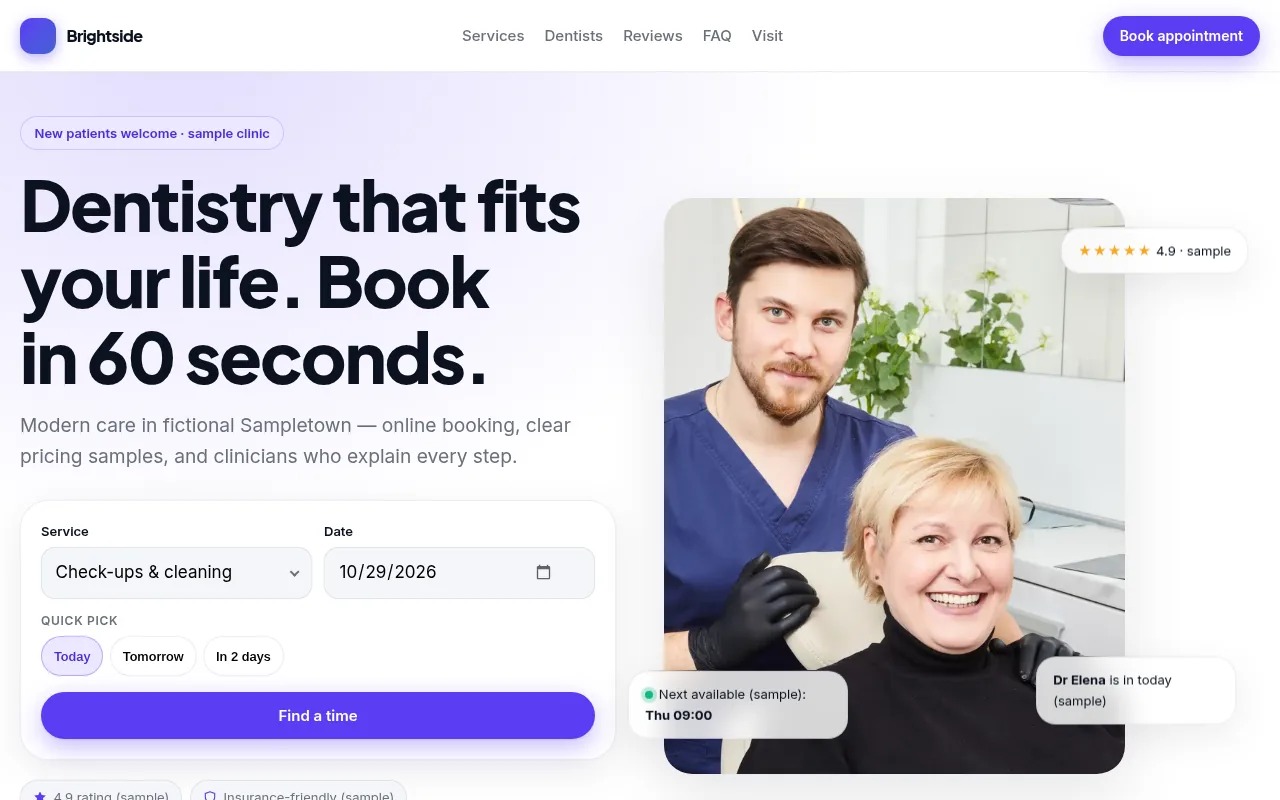 Brightside Dental website concept - home page screenshot
