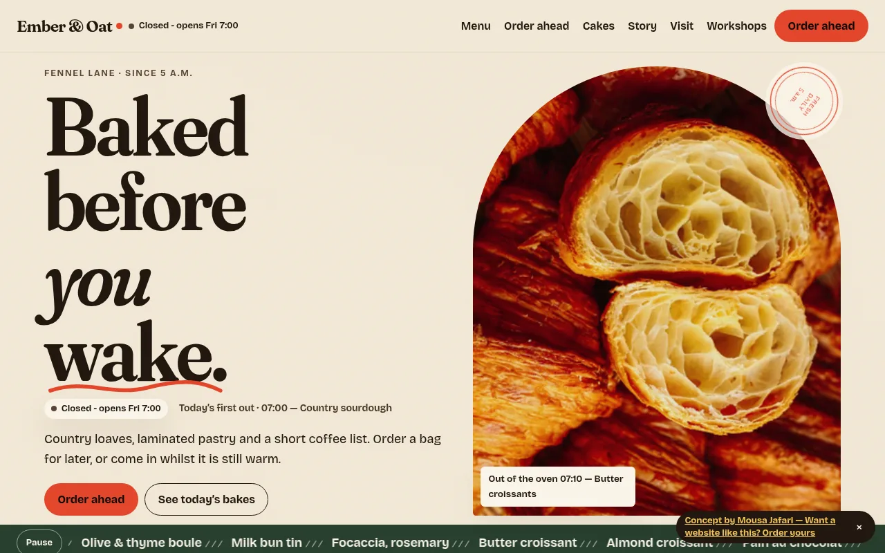 Ember & Oat website concept - home page screenshot